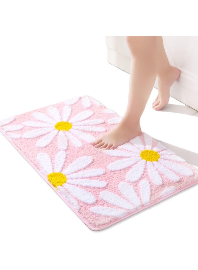 بساط حمام بتصميم زهور الأقحوان وردي وأبيض، فائق الامتصاص، قابل للغسل في الغسالة، 24 بوصة × 16 بوصة - Image 1