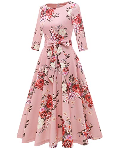 DRESSTELLS Women's Cocktail Dresses for Wedding Guest, Floral Tea Party Prom Dress 3/4 Long Sleeve Mother of Bride 1950s Fit Flare Swing Aline Evening Gala, 2026 Spring, Blush Flower XL - Image 2