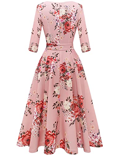DRESSTELLS Women's Cocktail Dresses for Wedding Guest, Floral Tea Party Prom Dress 3/4 Long Sleeve Mother of Bride 1950s Fit Flare Swing Aline Evening Gala, 2026 Spring, Blush Flower XL - Image 3