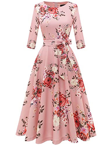 DRESSTELLS Women's Cocktail Dresses for Wedding Guest, Floral Tea Party Prom Dress 3/4 Long Sleeve Mother of Bride 1950s Fit Flare Swing Aline Evening Gala, 2026 Spring, Blush Flower XL - Image 4
