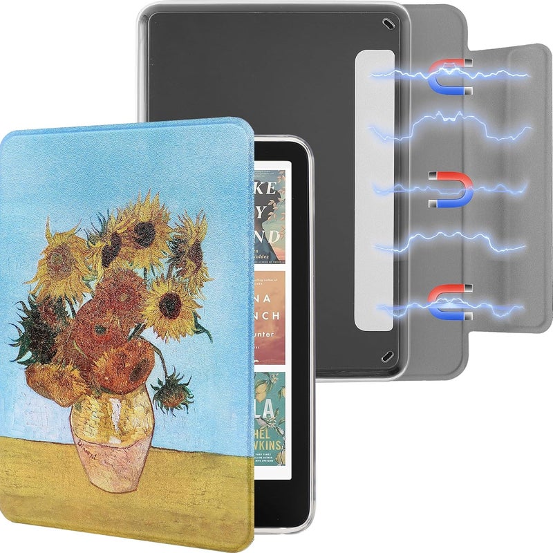 SESENSE Detachable Magnetic Case for 7'' Kindle Paperwhite 12th Gen 2024 and Kindle Colorsoft Signature Edition, Slim PU Shell Cover Case with Auto Wake/Sleep, Sunflower - Image 1