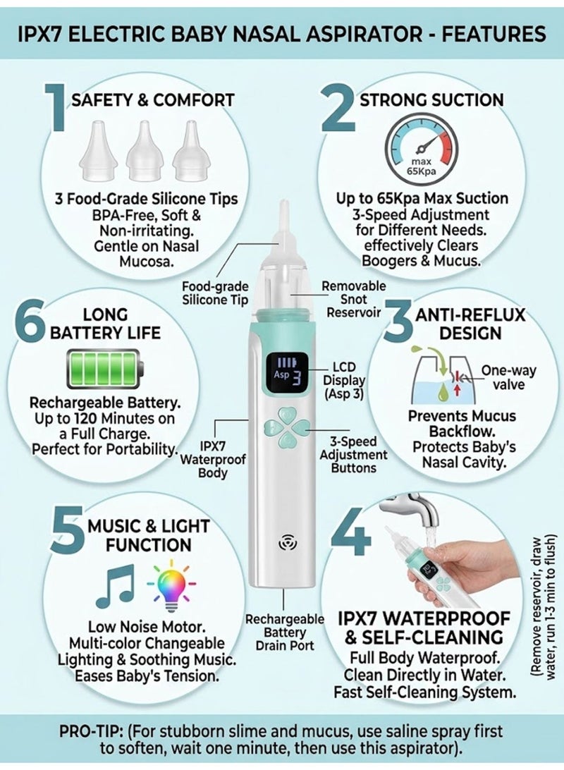 LO.BABY.VE Baby Electric Nasal Aspirator，Music Soothing Function Rechargeable Portable Nose Cleaner - Image 5
