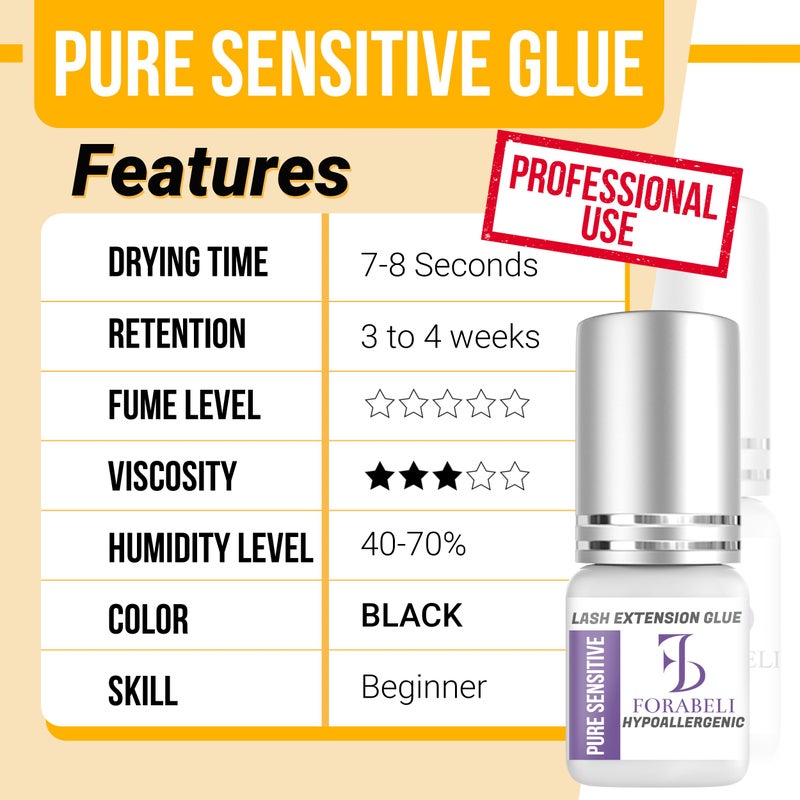Forabeli Pure Sensitive Lash Extension Glue, 7â€“8 Sec Drying, No Fume, No Irritation, Gentle, Professional Eyelash Extension Glue for Beginner Lash Artists, Lash Adhesive for Eyelash Extensions - Image 3