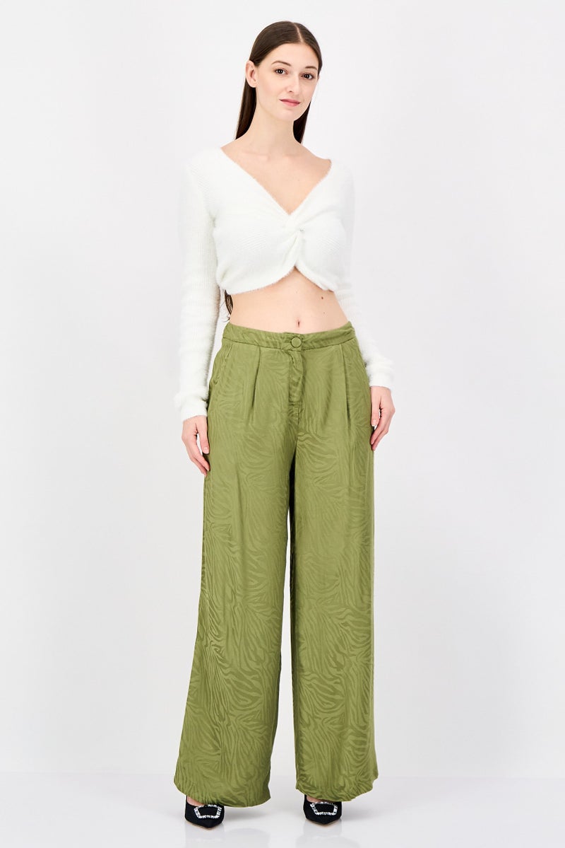 promod Women Regular Fit Textured Wide Leg Pants, Olive - Image 2