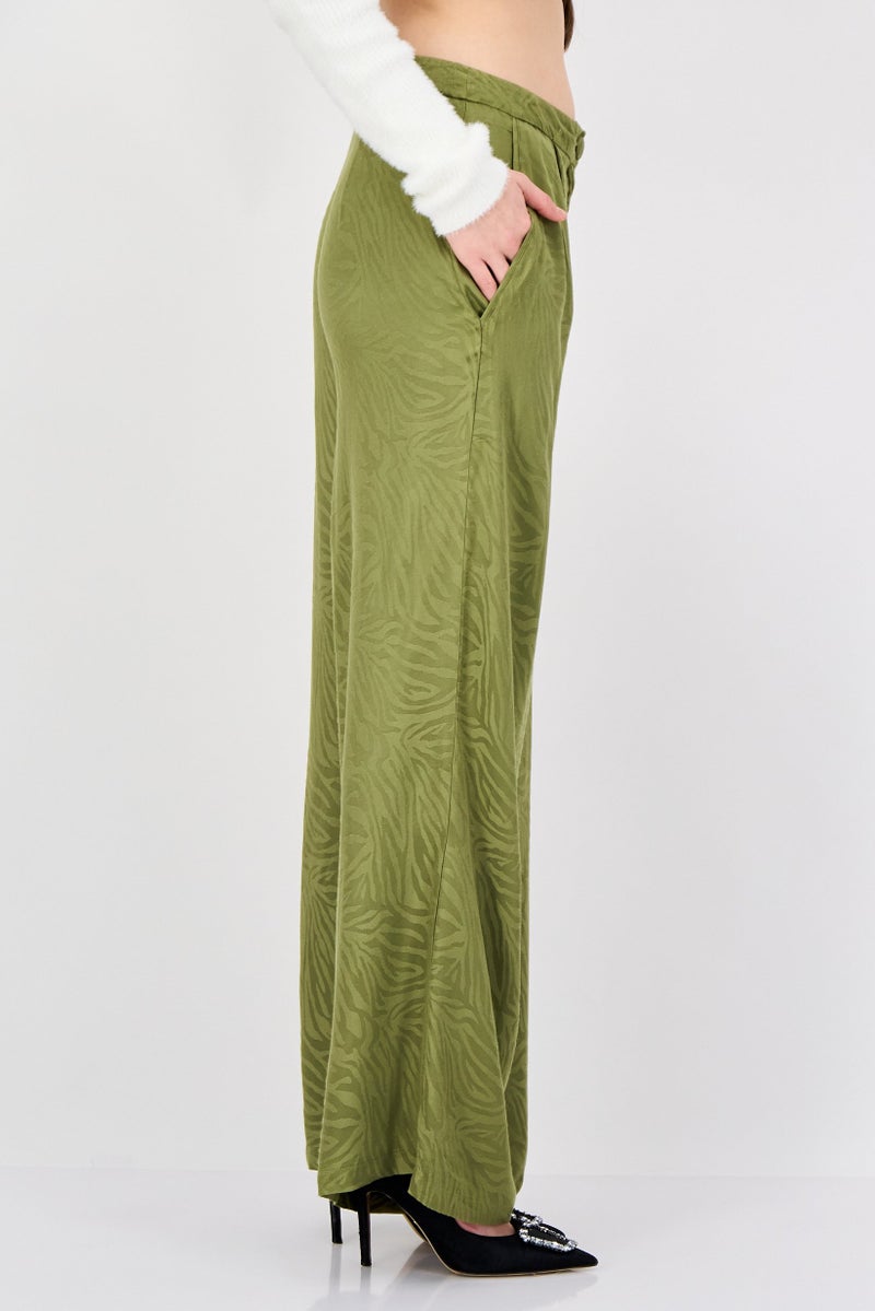 promod Women Regular Fit Textured Wide Leg Pants, Olive - Image 3