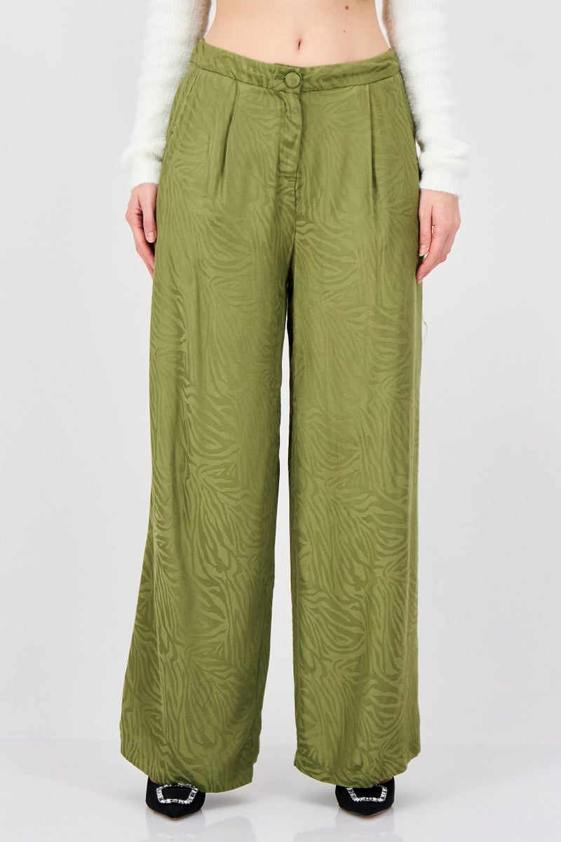 promod Women Regular Fit Textured Wide Leg Pants, Olive - Image 1