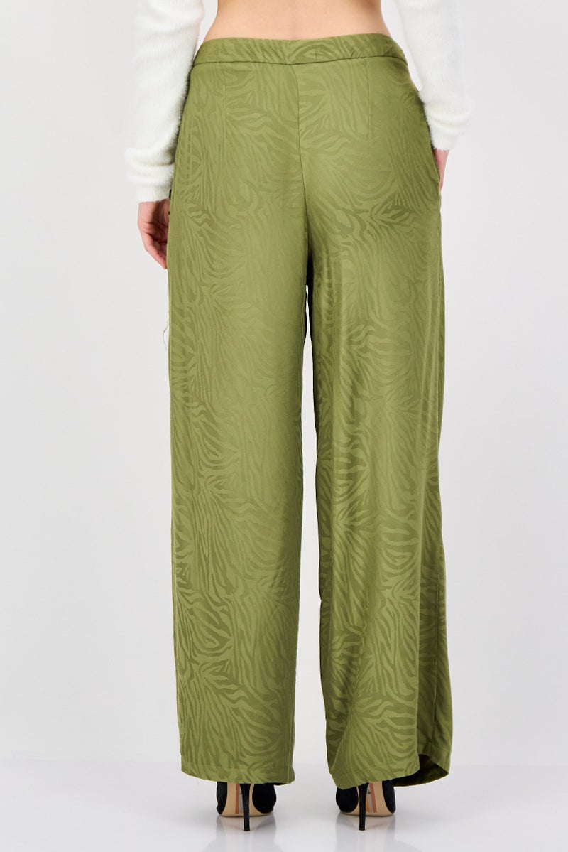promod Women Regular Fit Textured Wide Leg Pants, Olive - Image 4