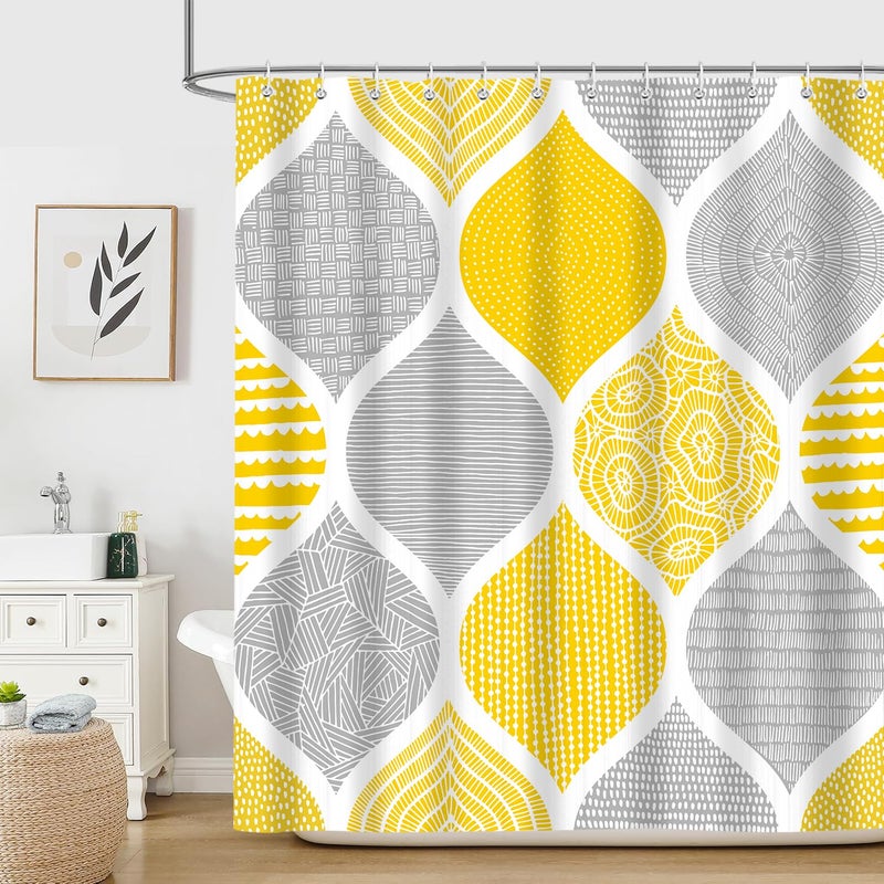 iTapnoom Boho Yellow and Grey Shower Curtain Set Dark Gray Abstract Geometric Pattern Shower Curtains for Bathroom Decor Accessories Modern Bohemia Paisley Fabric Bath Curtains with Hooks 72X72