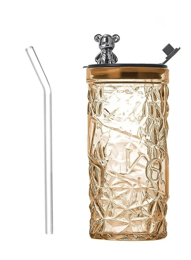 Glass Cup with Straw and Lid Reusable and Direct Drinking with Mouth for Dual Use 400ml  - Image 2