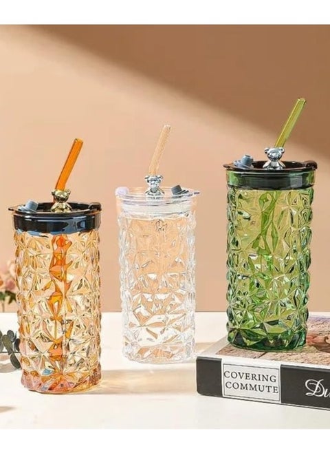 Glass Cup with Straw and Lid Reusable and Direct Drinking with Mouth for Dual Use 400ml