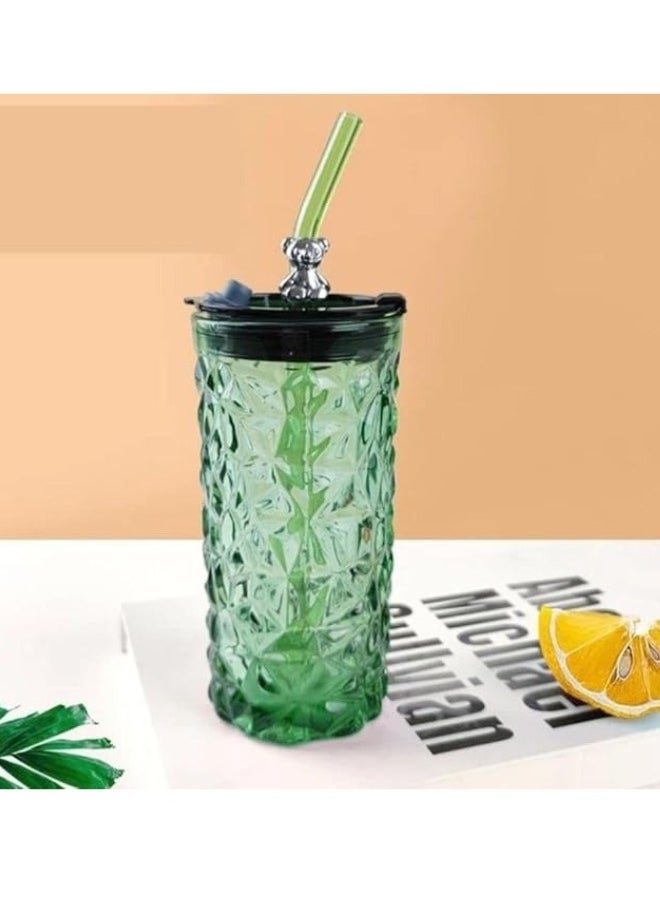 Generic - Glass Cup with Straw and Lid Reusable and Direct Drinking with Mouth for Dual Use 400ml - Image 1