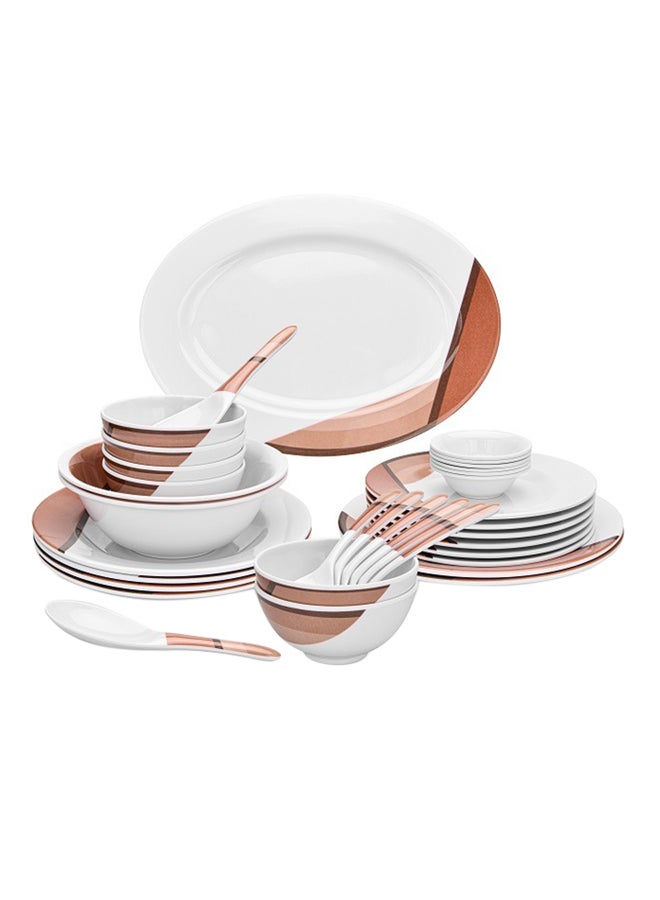 Royalford 35 Piece Melamine Ware Dinner Set| Includes Oval Plate, Deep Plates, Dinner Plates, Round Bowls, Small Dishes, Rice Spoons and Soup Spoons| Top-Rack Dishwasher-Safe and Freezer-Friendly| Eco-Friendly and Food-Grade| Brown and White - Image 1