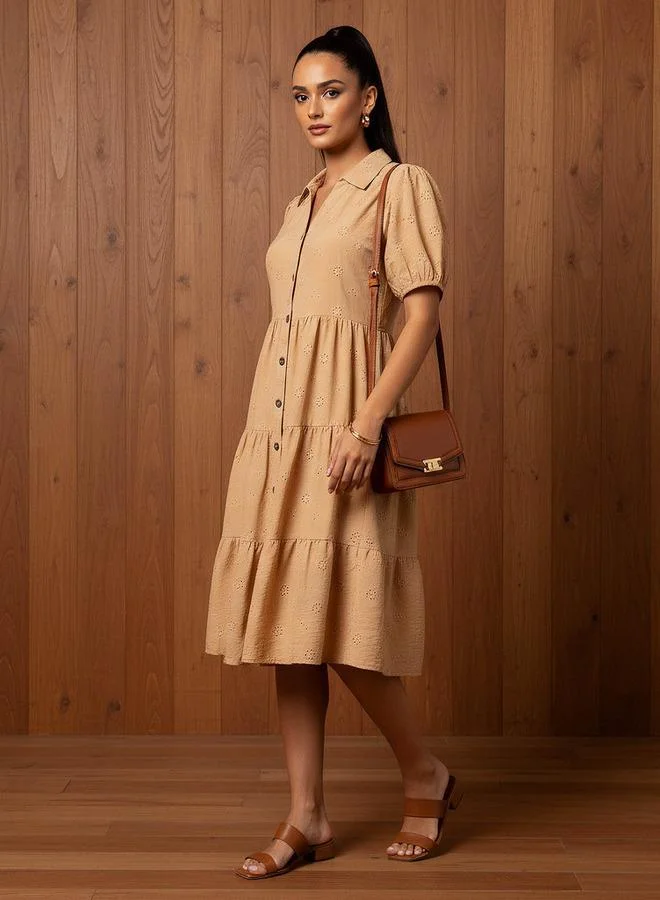 Splash FAV Schiffli Textured Tiered Women Dress with Collar