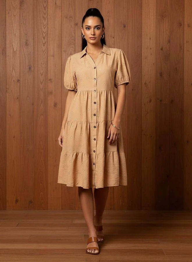 Splash FAV Schiffli Textured Tiered Women Dress with Collar