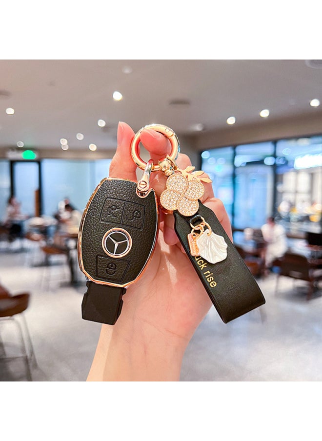 Generic - Suitable For Mercedes-Benz Key Cover C- Class C200L/GLC260L/E-class E300GLE/GLA200/S-class Buckle Case-Color:Mercedes-benz A Three-button [dark Jade Black] Single Shell + Four-leaf Clover Rope - Image 1