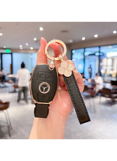 Suitable For Mercedes-Benz Key Cover C- Class C200L/GLC260L/E-class E300GLE/GLA200/S-class Buckle Case-Color:Mercedes-benz A Three-button [dark Jade Black] Single Shell + Four-leaf Clover Rope