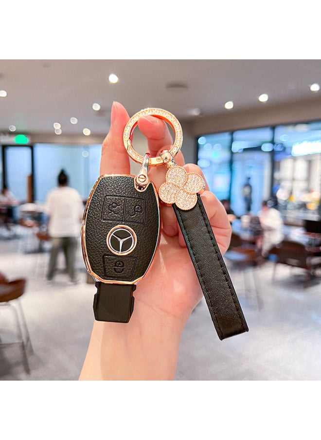 Generic - Suitable For Mercedes-Benz Key Cover C- Class C200L/GLC260L/E-class E300GLE/GLA200/S-class Buckle Case-Color:Mercedes-benz A Three-button [dark Jade Black] Single Shell + Four-leaf Clover Rope - Image 1