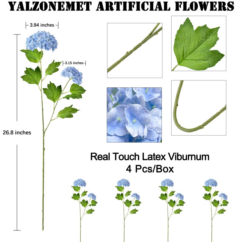 YalzoneMet 4 Pcs Artificial Snowball Viburnum Hydrangea Flower 26.8'' Blue Small Real Touch Faux Latex Long Stem for Christmas Home Decoration Xmas Table - Image 3