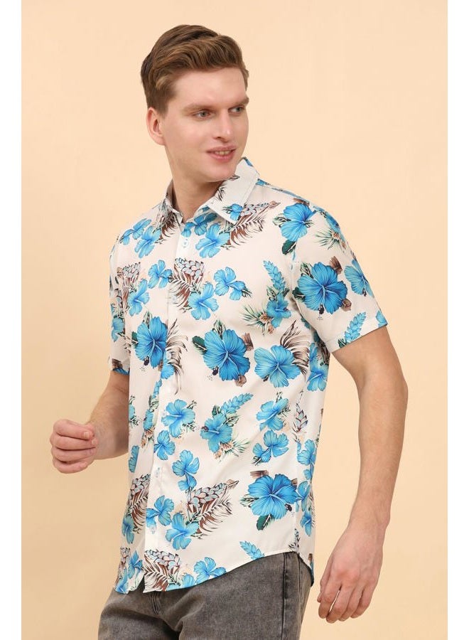 ENCIGER Men's Tropical Floral Shirt Half Sleeve Casual Hawaiian Button Down Shirt for Beach & Vacation Wear (MS1_White Turquoise_XXL) - Image 3