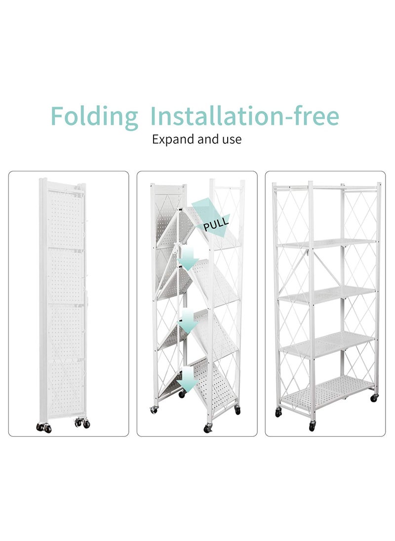 Organized Home Foldable Storage Shelves Stand Folding Metal Shelf with Caster Wheels Heavy Duty Shelving Unit Floor standing for Garage Kitchen Home Closet Office No Assembly Needed  - Image 2