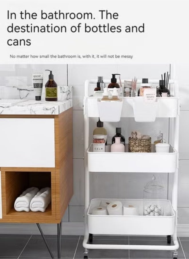 Beauenty Tier Mesh Utility Cart, Rolling Metal Organization Cart with Handle and Lockable Wheels, Multifunctional Storage Shelves for Kitchen Living Room Office White 85x45x35centimeter - Image 2