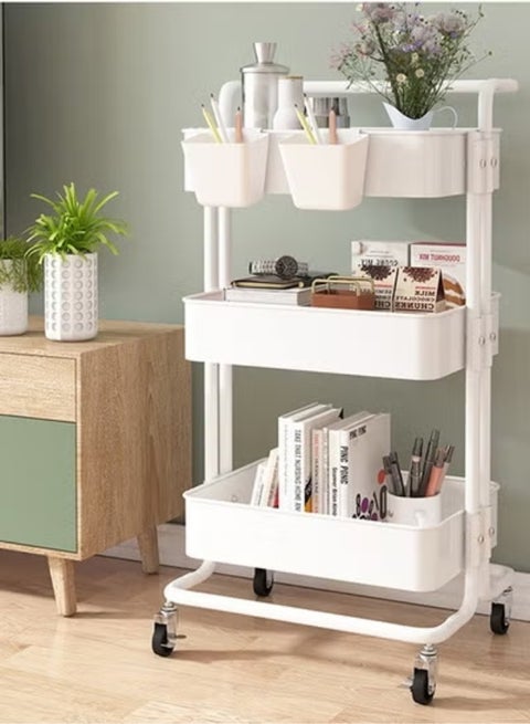 Tier Mesh Utility Cart, Rolling Metal Organization Cart with Handle and Lockable Wheels, Multifunctional Storage Shelves for Kitchen Living Room Office White 85x45x35centimeter