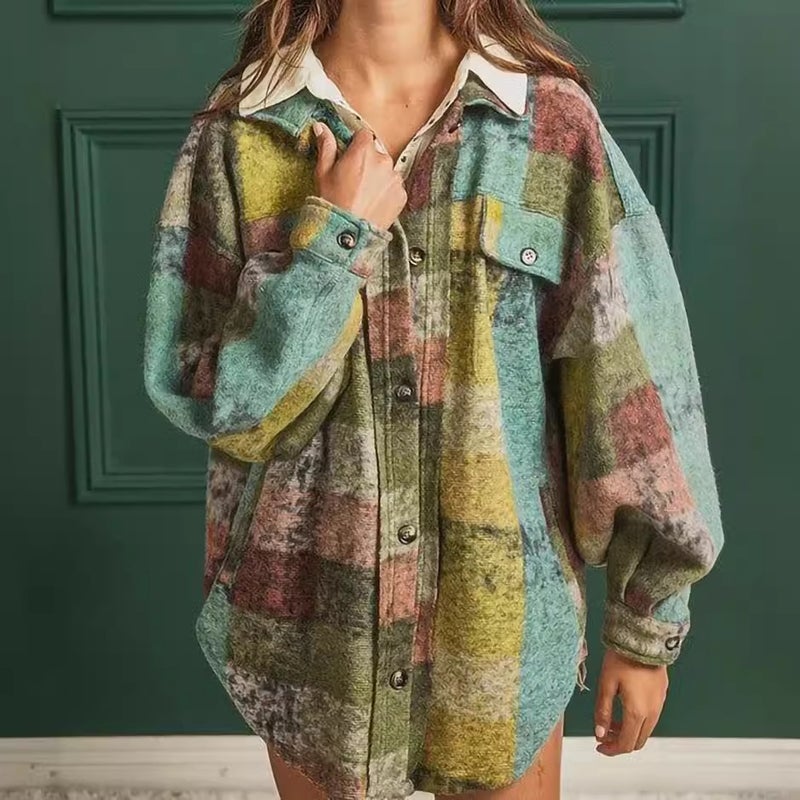 Women's Single-Breasted Lapel Fleece Lined Plaid Cardigan Shirt - Image 2