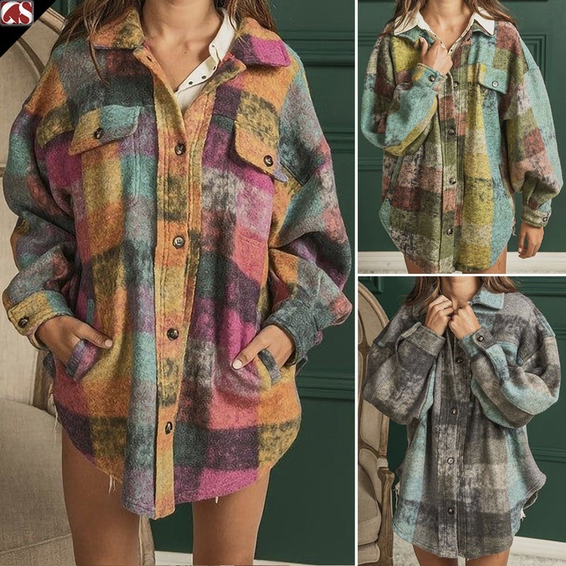 Women's Single-Breasted Lapel Fleece Lined Plaid Cardigan Shirt - Image 1