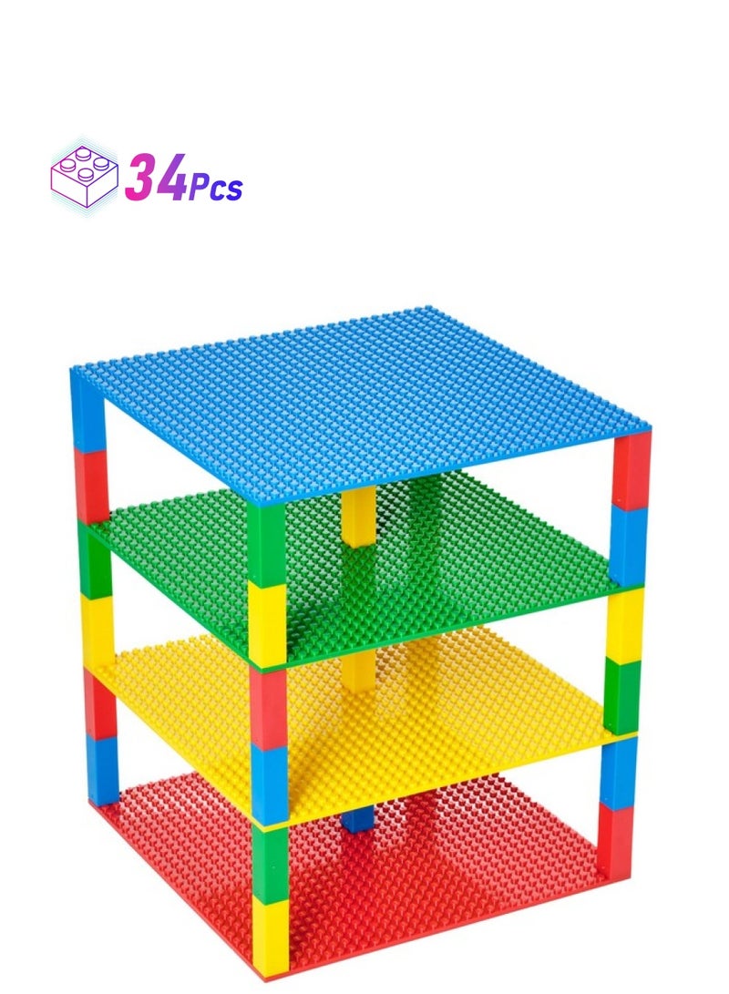 Strictly Briks Toy Building Block Classic Stackable Baseplates 10X10 Inch Brik Tower For Baby 4 Baseplates & 30 Stackers Blue Green Red & Yellow 34 Pc  - Image 1
