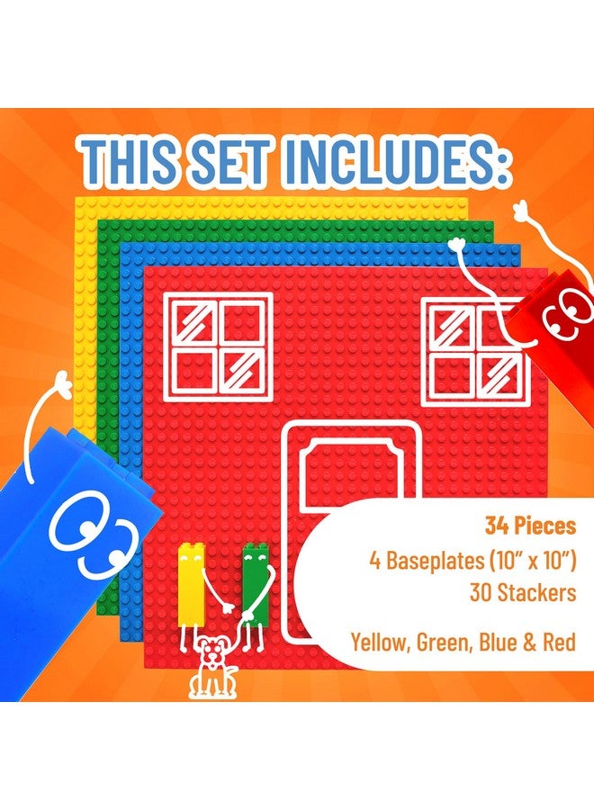 Strictly Briks Toy Building Block Classic Stackable Baseplates 10X10 Inch Brik Tower For Baby 4 Baseplates & 30 Stackers Blue Green Red & Yellow 34 Pc  - Image 4