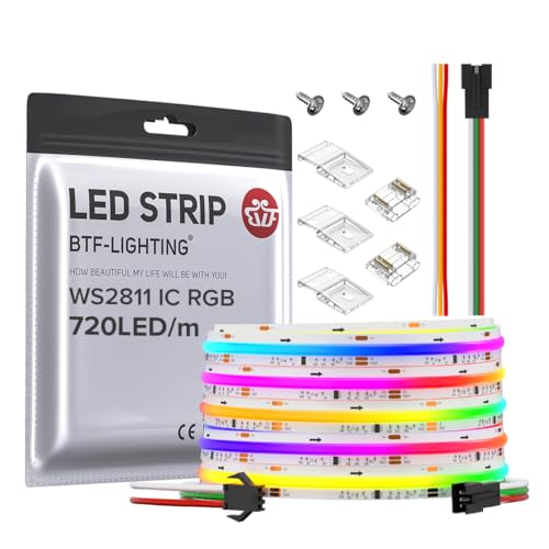 BTF-LIGHTING FCOB WS2811 IC RGB COB LED Strip DC12V 720LED/m 16.4FT Flexible High Density Uniform Chasing Color Light 20IC/m 12mm Width Light for Home Indoor Decor(No Adapter or Controller) - Image 1