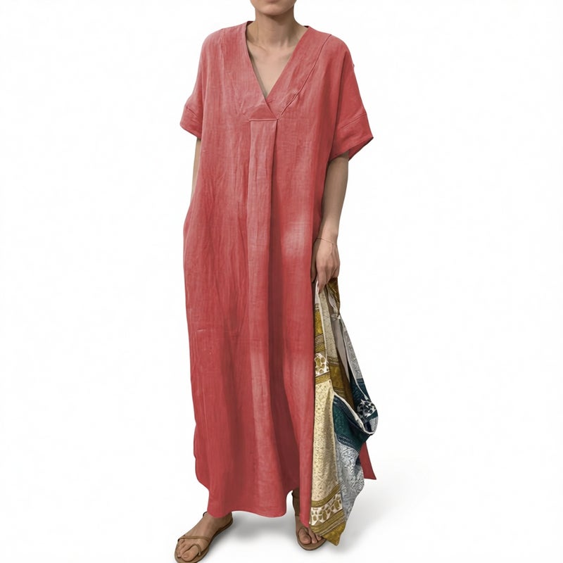 Women's Casual Short Sleeve V-Neck Solid Color Maxi Dress - Image 1