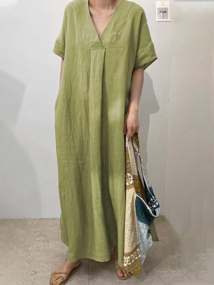 Women's Casual Short Sleeve V-Neck Solid Color Maxi Dress - Image 2