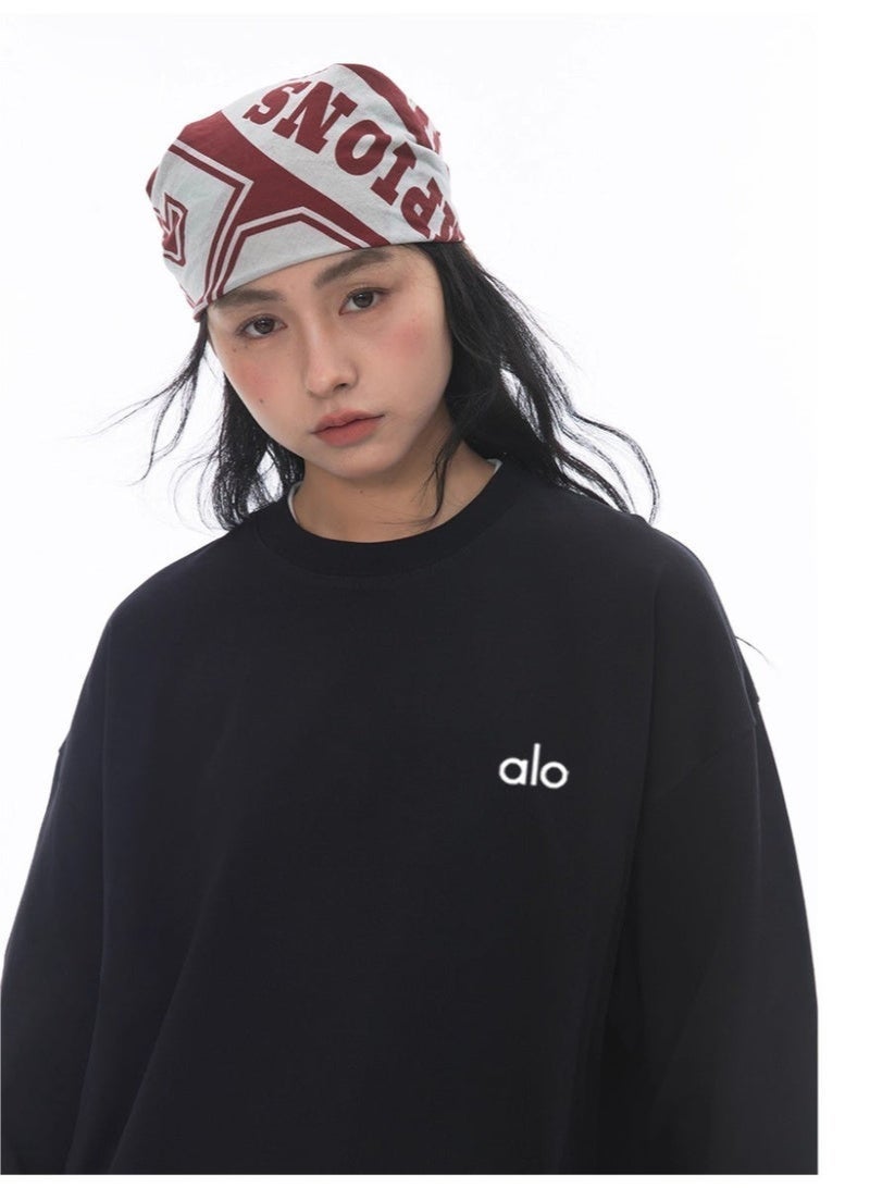 Alo World loose casual long sleeved round neck T-shirt - unisex couple's shirt 100% pure cotton 250G black sports shirt with logo, casual and fashionable Chinese street wear - Image 5