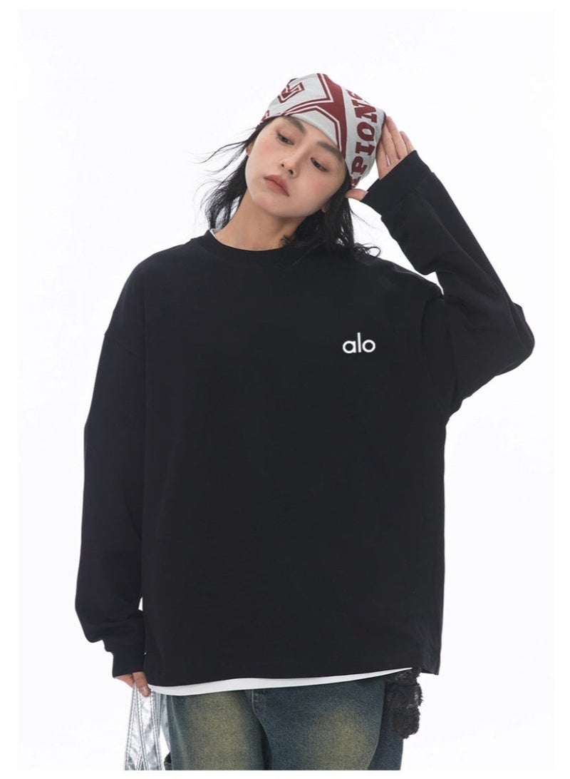 Alo World loose casual long sleeved round neck T-shirt - unisex couple's shirt 100% pure cotton 250G black sports shirt with logo, casual and fashionable Chinese street wear - Image 4