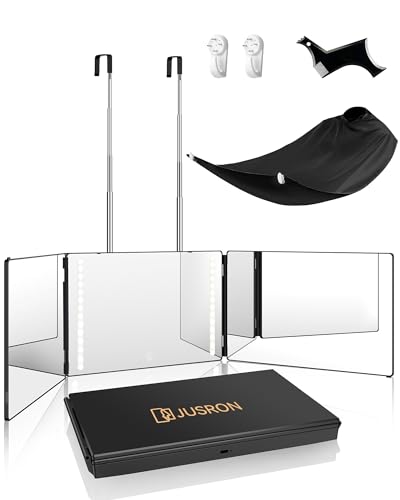 JUSRON 360 Viewing Angle Self Hair Cutting Mirror, Clear Anti-Fog HD Glass (Black with LED with Accessories) - Image 1