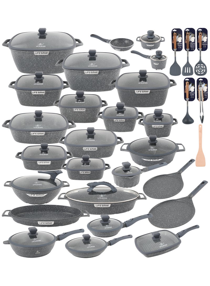 Life Smile Granite Nonstick Cookware Set with Silicone Utensils | Complete Pots & Pans Set with Soup Pots, Shallow Pots, Fry Pans, Wok, Grill Pan, Fish Pan, Pizza Pan & Hot Pot | PFOA-Free Induction Base Cookware - Image 1