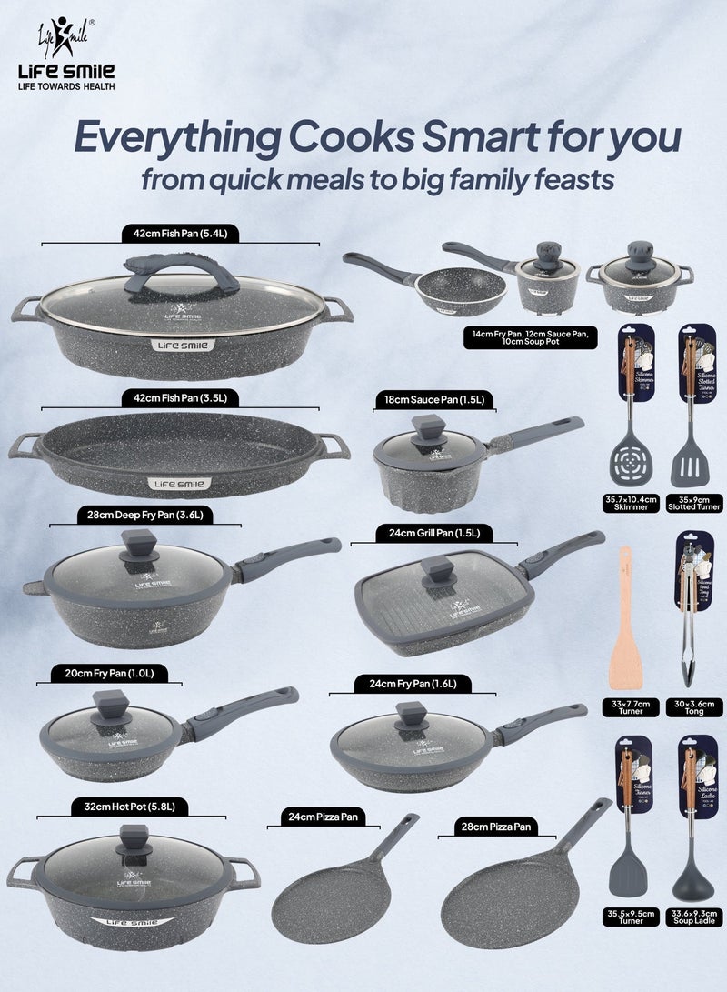 Life Smile Granite Nonstick Cookware Set with Silicone Utensils | Complete Pots & Pans Set with Soup Pots, Shallow Pots, Fry Pans, Wok, Grill Pan, Fish Pan, Pizza Pan & Hot Pot | PFOA-Free Induction Base Cookware - Image 3