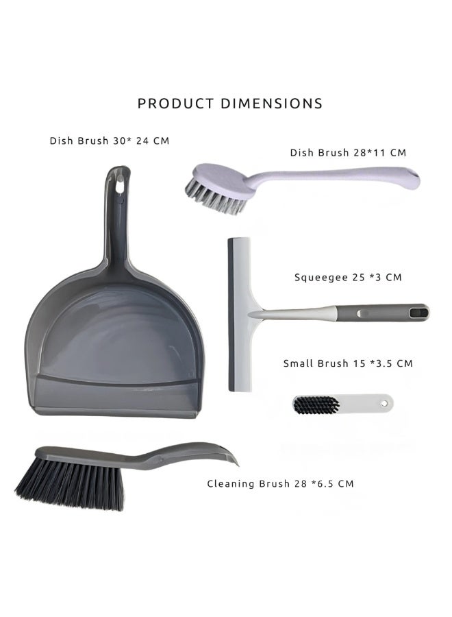 فيو مجموعة فرش تنظيف متعددة الاستخدامات 5 في 1 باللون الرمادي المتنوع مع مقبض، فرش تنظيف منزلية لمطبخ، مجموعة مكونة من 5 قطع مع دلو وغبار وفرشاة للتنظيف وفرشاة للأطباق وأدوات تنظيف منزلية. - Image 2