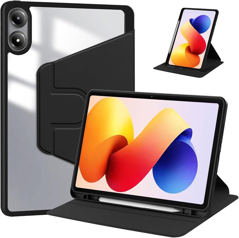 لاكيون حافظة جلدية متوافقة مع جهاز Redmi Pad 2 Pro مقاس 12.1 بوصة (2025) مع حامل قلم، غطاء دوار بزاوية 360 درجة، غطاء أكريليك شفاف (أسود) - Image 1