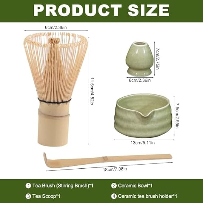 MostNow 4Pcs Matcha Tea Set Matcha Whisk Set Matcha Set Kit Matcha KitMatcha Bowl With Spout Matcha Whisk Stand Bamboo Matcha Whisk And Bamboo Matcha Spoon For Tea Lovers Green - Image 3