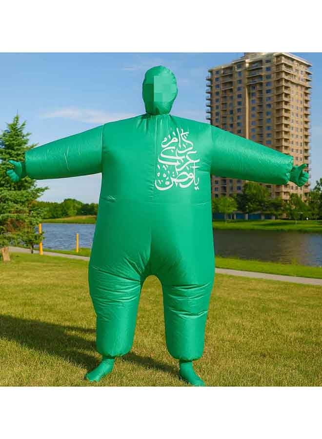 بدلة تنكرية للاحتفال باليوم الوطني - مقاس للبالغين باللون الأخضر قابلة للنفخ لكامل الجسم مع مروحة هوائية تعمل بالنفخ لحفلة رياضية تنكرية - Image 3