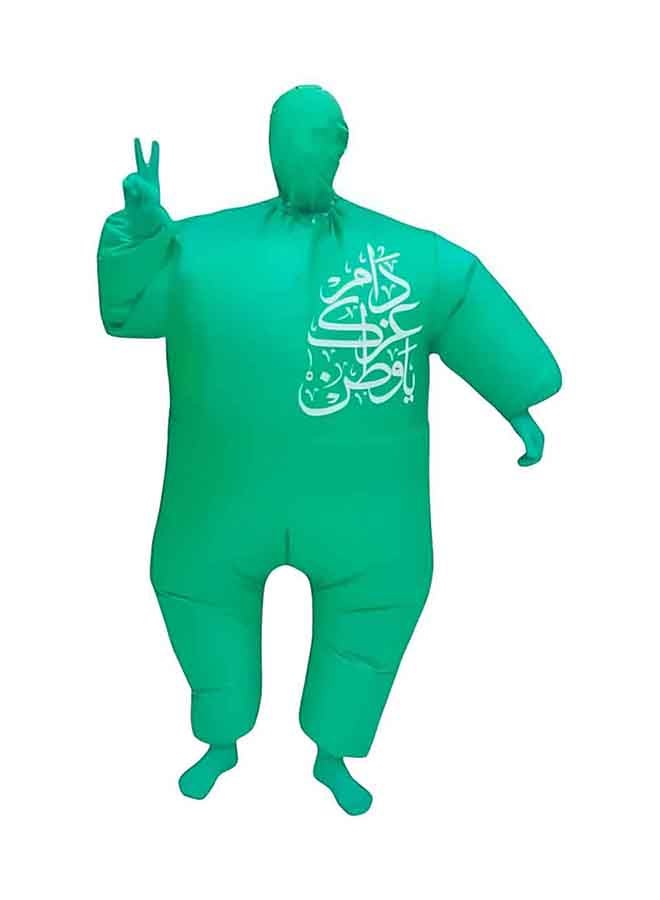 بدلة تنكرية للاحتفال باليوم الوطني - مقاس للبالغين باللون الأخضر قابلة للنفخ لكامل الجسم مع مروحة هوائية تعمل بالنفخ لحفلة رياضية تنكرية - Image 1