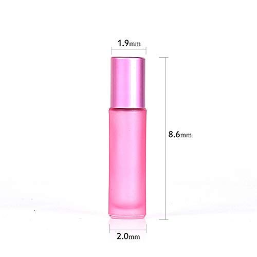 USRommaner 5 Pack 10ml Colorful Frosted Glass Roll On Bottles,Empty Essential Oil Glass Roller Bottle With Stainless Steel Roller Balls Travel Roll-On Vial with Aluminum Lids-Funnel&Pipette Include (Pink) - Image 2