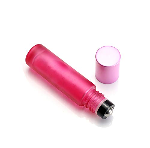 USRommaner 5 Pack 10ml Colorful Frosted Glass Roll On Bottles,Empty Essential Oil Glass Roller Bottle With Stainless Steel Roller Balls Travel Roll-On Vial with Aluminum Lids-Funnel&Pipette Include (Pink) - Image 3