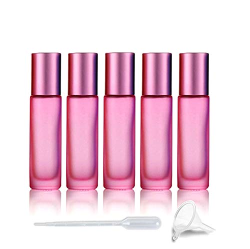 USRommaner 5 Pack 10ml Colorful Frosted Glass Roll On Bottles,Empty Essential Oil Glass Roller Bottle With Stainless Steel Roller Balls Travel Roll-On Vial with Aluminum Lids-Funnel&Pipette Include (Pink) - Image 1