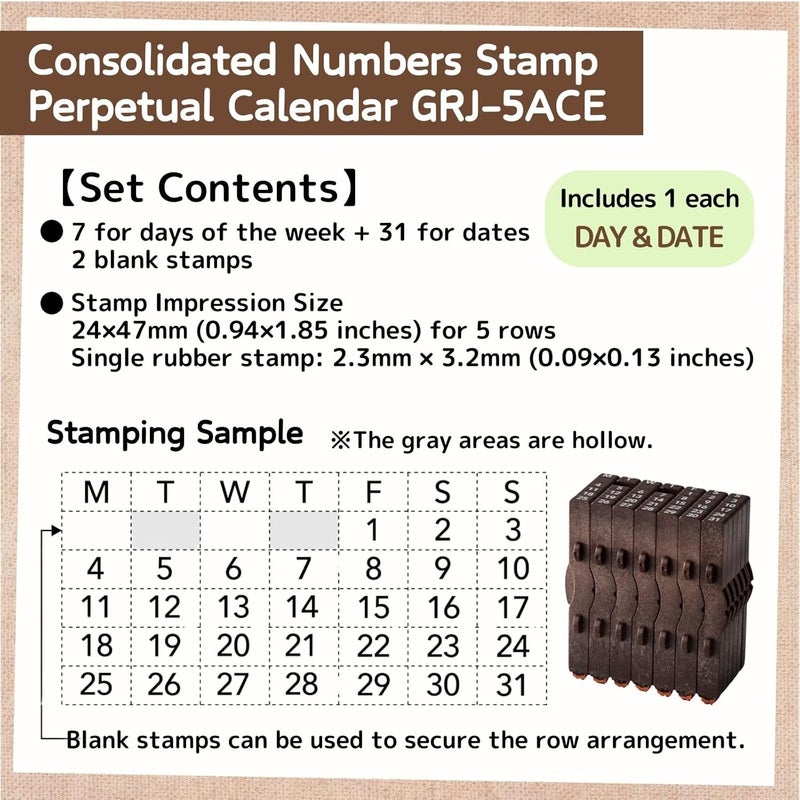 Someie Perpetual Calendar Rubber Stamp Set｜Consolidated Numbers Stamp English GRJ-5ACE，Stamp Pad IROMOYO Traditional Japanese Ink Colour Black (Sumi-Iro) HAC-1-K & Sticky Notes Set - Image 3