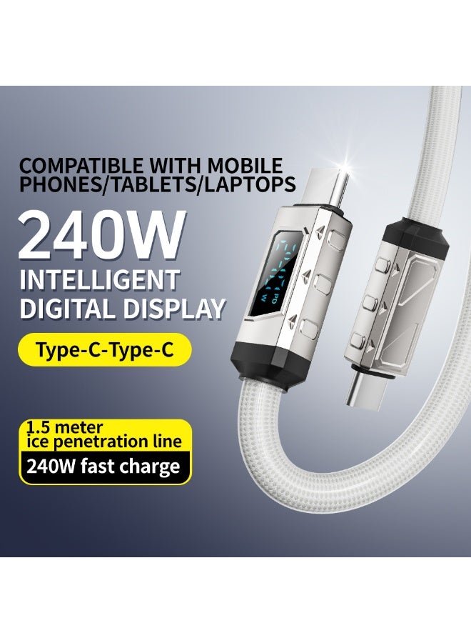 باسيمو 240W Ice Crystal Digital Display Fast Charging Cable, Braided PVC Zinc Alloy Type-C Data Cable (White) - Image 1