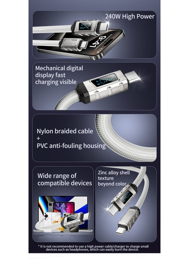 باسيمو 240W Ice Crystal Digital Display Fast Charging Cable, Braided PVC Zinc Alloy Type-C Data Cable (White) - Image 5