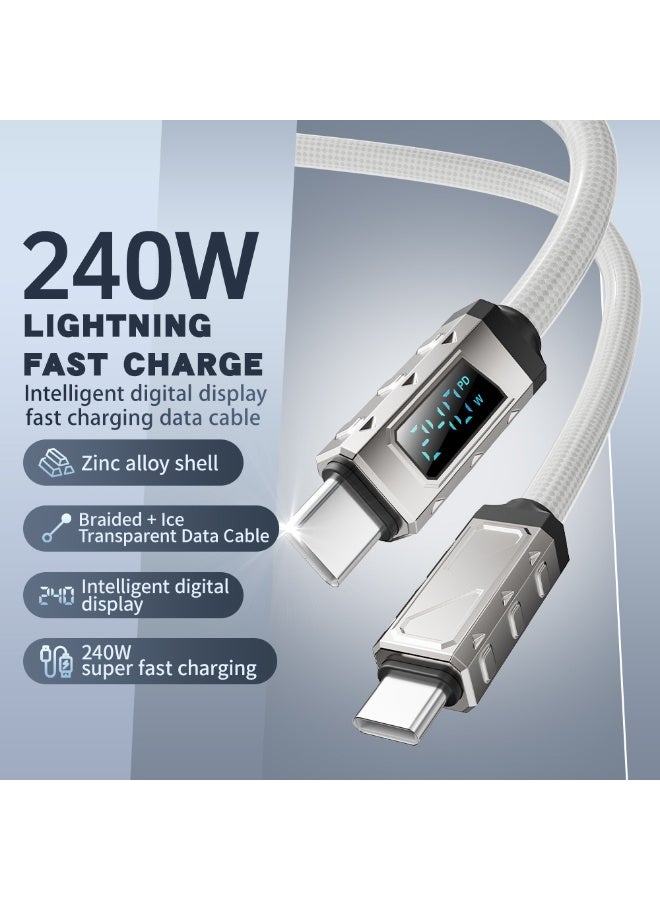 باسيمو 240W Ice Crystal Digital Display Fast Charging Cable, Braided PVC Zinc Alloy Type-C Data Cable (White) - Image 2